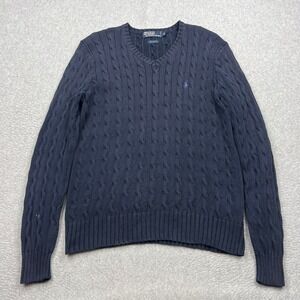 VTG Polo Ralph Lauren Cable Knit Sweater Mens Small Blue V-Neck Cotton Pullover
